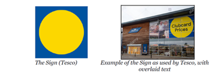 The trade marks in issue from left to right; Tesco' sign, example of the sign as used by Tesco with overlaid text.