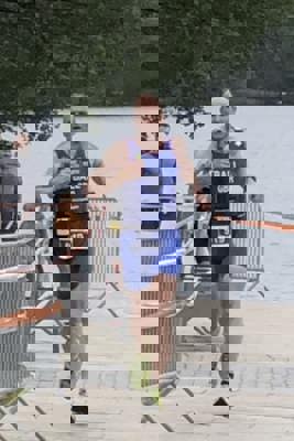 An action shot of Chris Ball competing in the triathalon