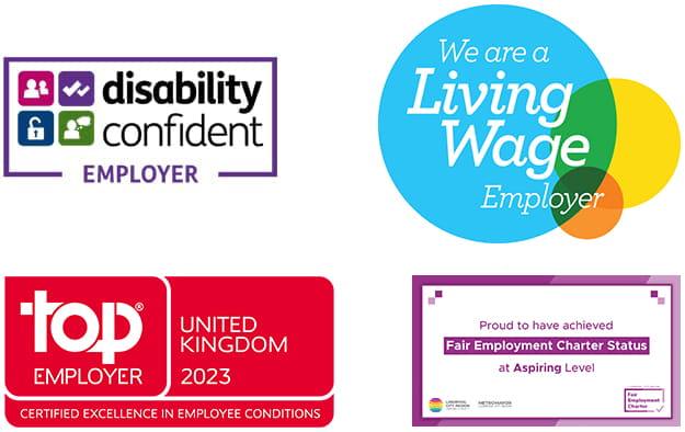 Our accreditations - we are a living wage and a disability confident employer and have also been certified a Top Employer by the Top Employers Institute